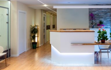 Reception area with reception desk in gym fitness center